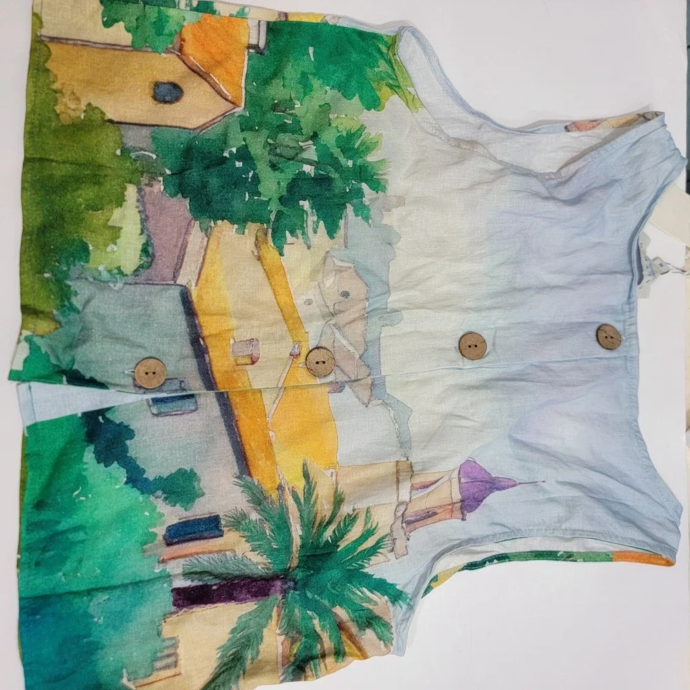 Calypso St. Barth Linen Blend Watercolor Scenic Village Crop Tank Top Med NEW - Picture 8 of 14